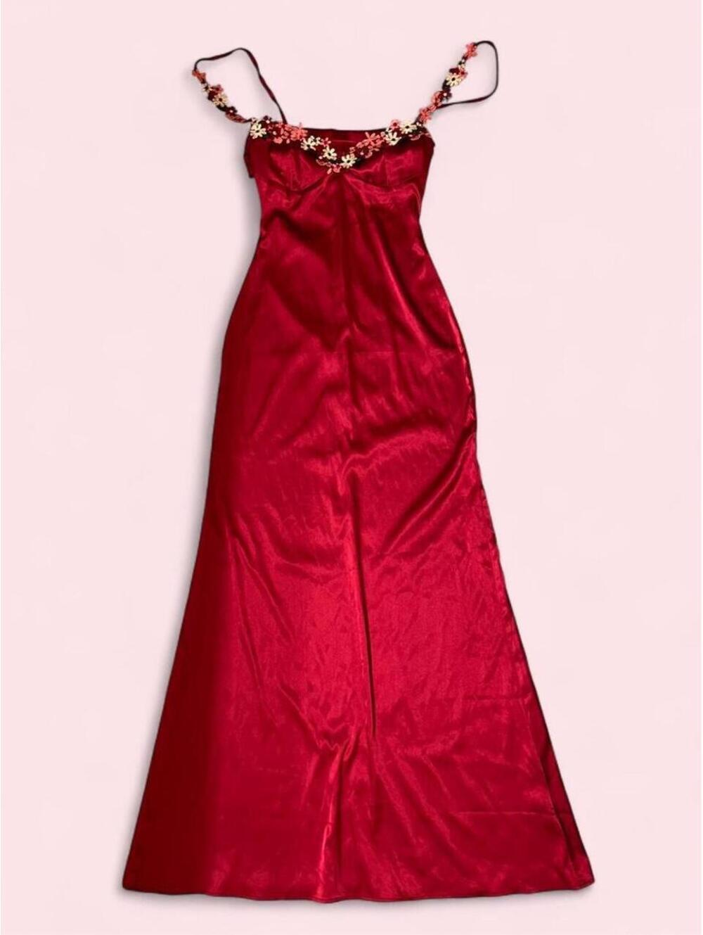 Parthea Red Satin Long Fitted Dress with floral embroidery straps in a size xs
